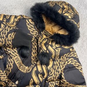 Vintage Rocawear Puffer Jacket Womens M Black Gold Chain AOP Y2K Fur Hood Down